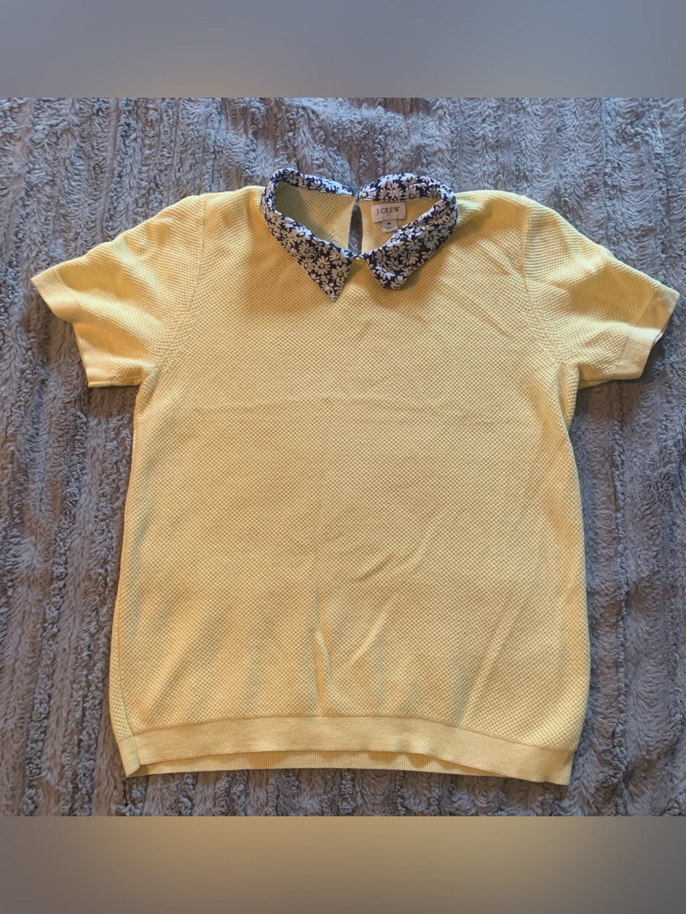 J. Crew Yellow Short-Sleeve Knit Top with Navy Floral Collar, size Medium